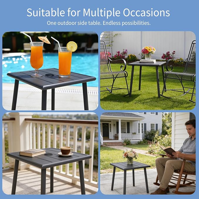 Small Metal Outdoor Side Table with Umbrella Hole Set of 2, Sqaure Patio Coffee Bistro Table End Table, Umbrella Table with Hole for Poolside Yard Porch Deck Balcony,19.7x19.7 inches, Black
