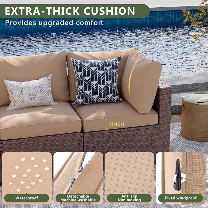 Aoxun 7 Piece Patio Furniture Set, Wicker Patio Sectional Sofa, Outdoor Furniture Set with Thickened Cushion, Brown