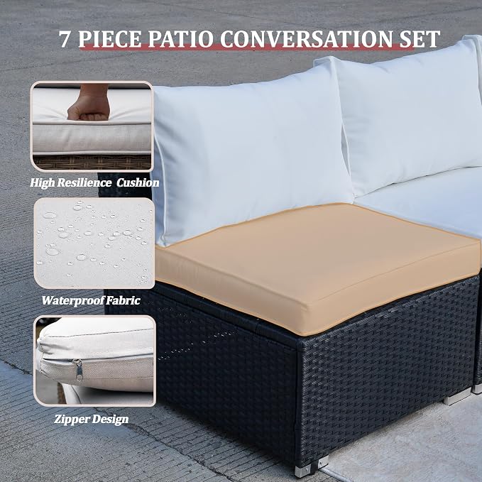 7 Pieces Outdoor Patio Furniture Sets, Patio Sectional Sofa Couch, PE Rattan Outdoor Wicker Sectional Furniture Sofa Set, Glass Coffee Table, for Balcony, Porch, Garden, Beige