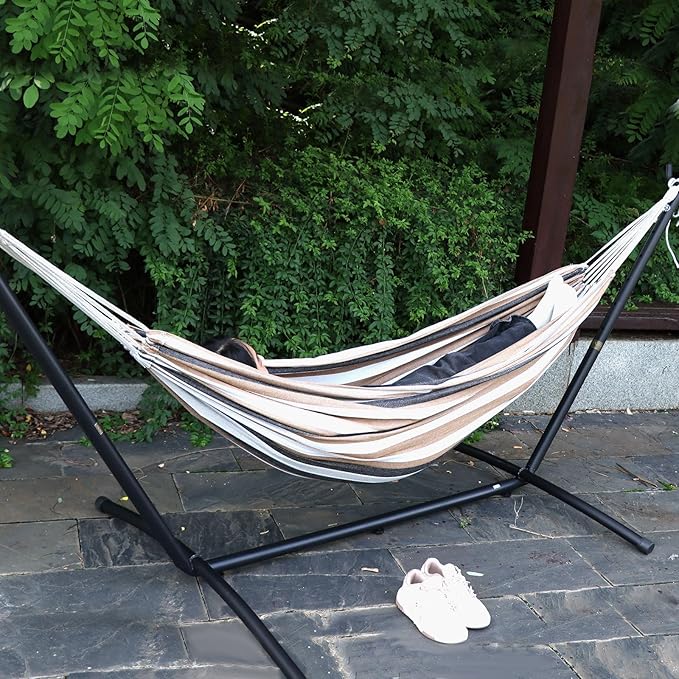 Portable Hammocks with 450 lbs Weight Capacity, Double Hammocks with Portable Carry Bag and Space Saving Stand, Adult Hammock for Outdoor, Patio, Garden, Yard