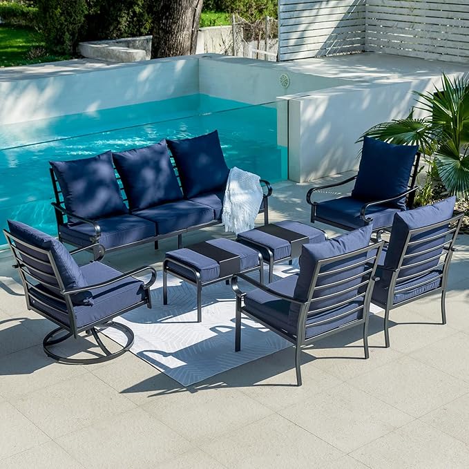 7 Piece Patio Furniture Set, Metal Patio Conversation Set with 1x3 Seater Sofa & 2xFixed Chairs & 2xSwivel Chairs & 2xOttomans, 5.75'' Extra Thick Cushion for Lawn Garden Backyard, Navy Blue