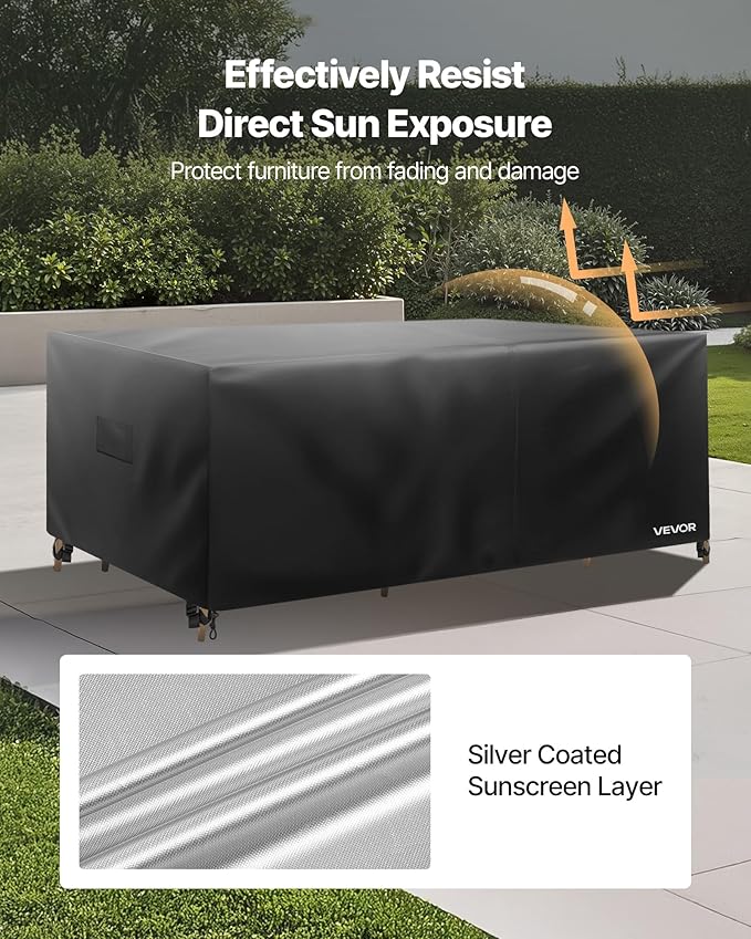 VEVOR Patio Furniture Cover, 420D Heavy Duty Waterproof Outdoor Dining Table and Chairs Cover, Large Rectangular Patio Table Covers with Air Vent for All Weather, 98L x 78W x 32H inch, Black