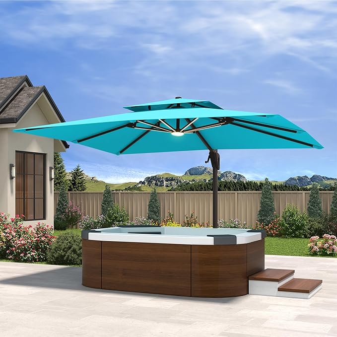 10' X 13' Cantilever Patio Umbrella with Base Included and Led Lights Double Top Rectangular Outdoor Large Offset Umbrellas with 7 Tilts Adjustable 360°Rotation for Deck Pool Garden, Turquoise
