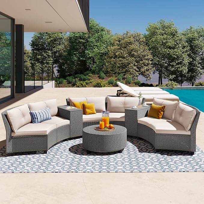 Half-Moon Patio Furniture Sets Outdoor Conversation Set, PE Rattan Sectional Conversation Sofa Set with Thick Cushions and Table for Garden Lawn Pool Backyard, Beige