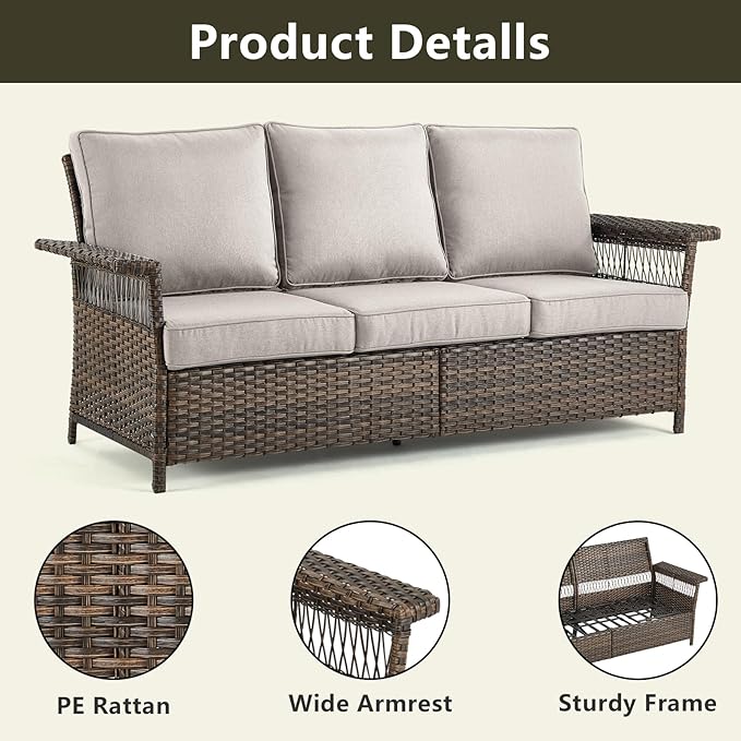 Outdoor Wicker Patio Furniture Set - 5 Piece Rattan Patio Conversation Sets with 2 Wicker Chairs,2 Ottomans and 1 Sofa for Porch Deck Garden(Brown/Beige)