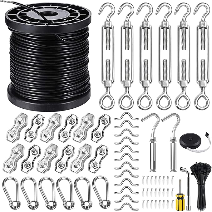 BLIKA String Light Hanging Kits, 300FT Coated Stainless Steel 304 Wire Rope | Outdoor Light Guide Wire, Globe String Light Suspension Kit Included Turnbuckles, Enough Accessories, Use Manual