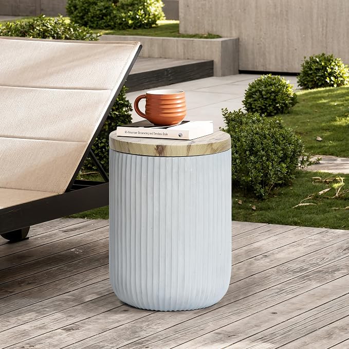 LuxenHome 18" Outdoor Side Table with Storage, Cement Patio End Table with Wood Finish Lid, Accent Table for Patio, Porch, Poolside, Backyard, Outside, Indoor, Garden Stool, Drum, Plant Stand