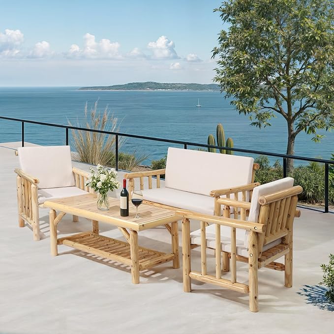 VINGLI Outdoor Patio Furniture Sets 4-Piece, Fir Wood Patio Couch Sets w/Coffee Table, Outdoor Conversation Sectional Set with Removable Cushion for Garden, Lawn, Balcony (Nature Color)