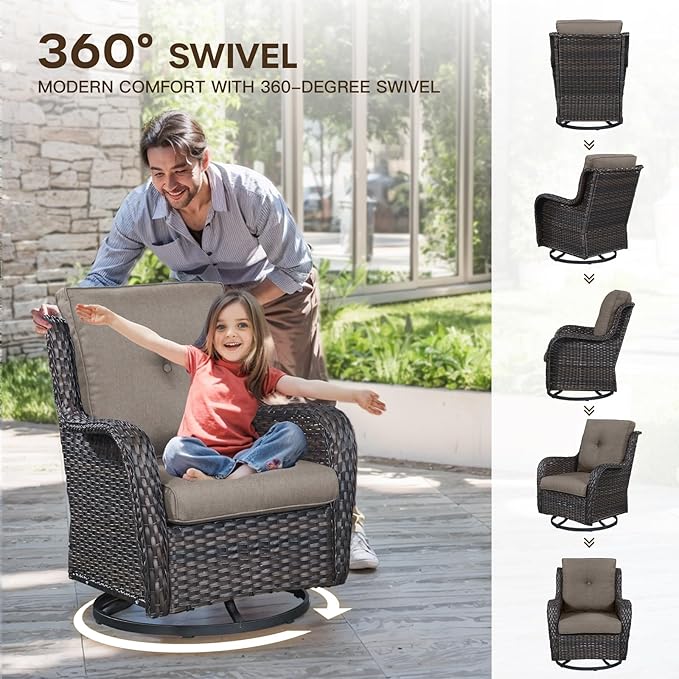 Patio Loveseat Glider Set, Resin Wicker Loveseat Glider with 2 Swivel Patio Chiars and Coffee Table, 4 Piece Patio Bistro Set Furniture Set Loveseat Set, Brown Wicker|Grey Cushions