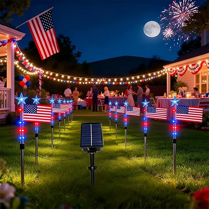 4th of July Decorations Outdoor, 8 Piece Flag Light Set with Timer, Red White and Blue Solar Pathway Lights, American Flag Yard Garden Lights IP65 Waterproof(8-Piece Flag Light Set)