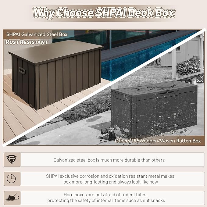100 Gallon Metal Outdoor Storage Box, Deck Box Waterproof, Outside Steel Storage Lockable Cabinet, Indoor Storage Bin Container for Patio/Poolside/Backyard Cushions, Pillow -Brown