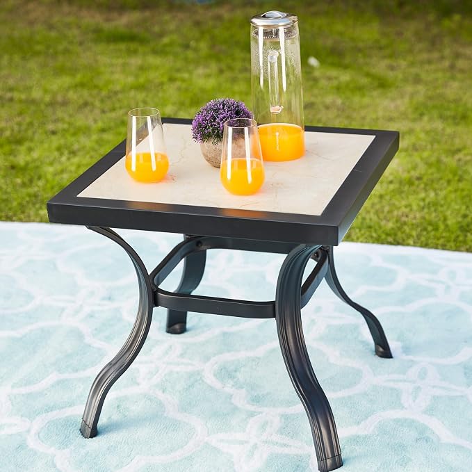 LOKATSE Home 21" Outdoor Square Patio Bistro Side Table Metal Steel Legs with Ceramics Top