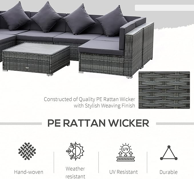 Outsunny 7-Piece Patio Furniture Sets PE Rattan Sectional Sofa Set Outdoor Conversation Set w/Acacia Top Coffee Table & Cushion for Garden, Backyard, Grey