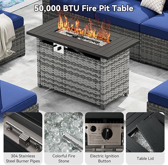 LazySunsets 8-Piece Patio Furniture Set with 44" Fire Pit Table, Wicker Outdoor Furniture, Patio Conversation Sets with Coffee Table, Outdoor Sectional Couch with Waterproof Cover, Blue