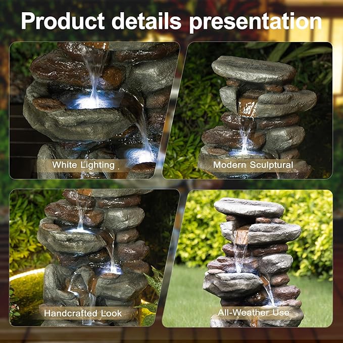 Outdoor Water Fountain with LED Lights 30 Inch Cascading Stone Waterfall Fountain for Garden Patio Backyard Deck Porch Resin Freestanding Outdoor Water Feature Yard Décor