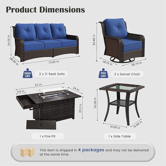 Sundale Outdoor Wicker Patio Furniture Set with Fire Pit, 6 Piece All Weather Outdoor Furniture Set with Swivel Chairs & Couch, High Back Patio Conversation Sets with 6" Cushions for Yard, Deck (Blue)