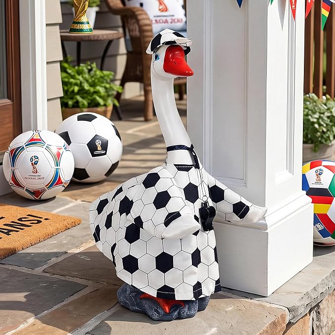 20" Large Porch Goose Statue + 2 Set Soccer Goose Outfits, Outdoor Statue, Football Match Decorations, Weather Resistant Yard Decor for World Cup Game Day Decor, Soccer Fan Gift