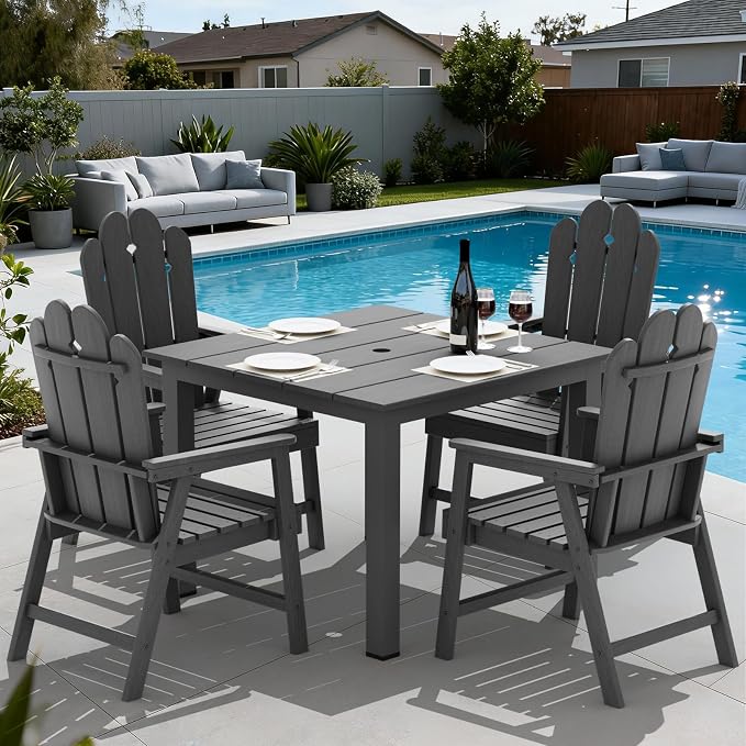 5 Piece Outdoor Table and Chairs Set, HDPE Weather Resistant, Gray | 4 seat HDPE patio dining set,high back fade resistant and waterproof, easy clean, ideal for small outdoor spaces