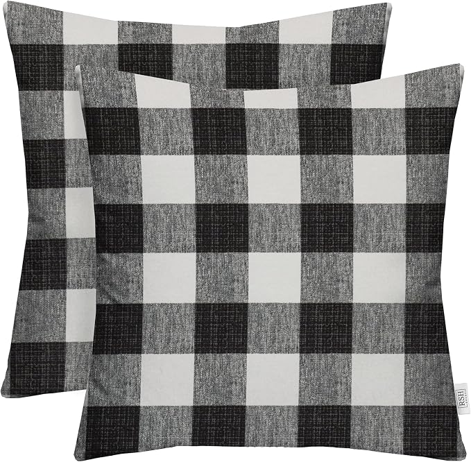 RSH DECOR Square Throw Pillows Set of 2, 17" x 17", Outdoor Pillows Waterproof,Black Buffalo Plaid, Made in USA