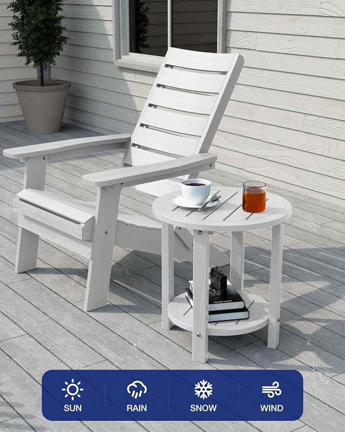 YEFU Outdoor Side Table for Patio: 16in HIPS Small Round Outdoor End Table - 2-Tier Adirondack Tables for Patio Porch Yard Poolside Living Room Beach Bedroom (White, 1 Pack)