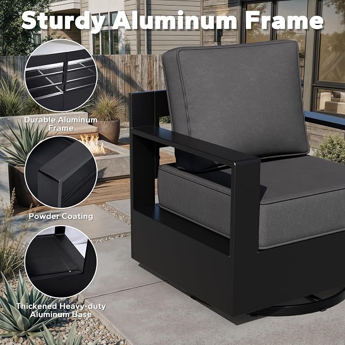 Outdoor Aluminum Furniture Set, 6-Piece Patio Conversation Set, 2 Swivel Chairs, 2 Chairs,1 Sofa and 1 Fireplace, All-Weather Metal Frame, 6" Thick Removable Cushions, Deep Setting for Porch