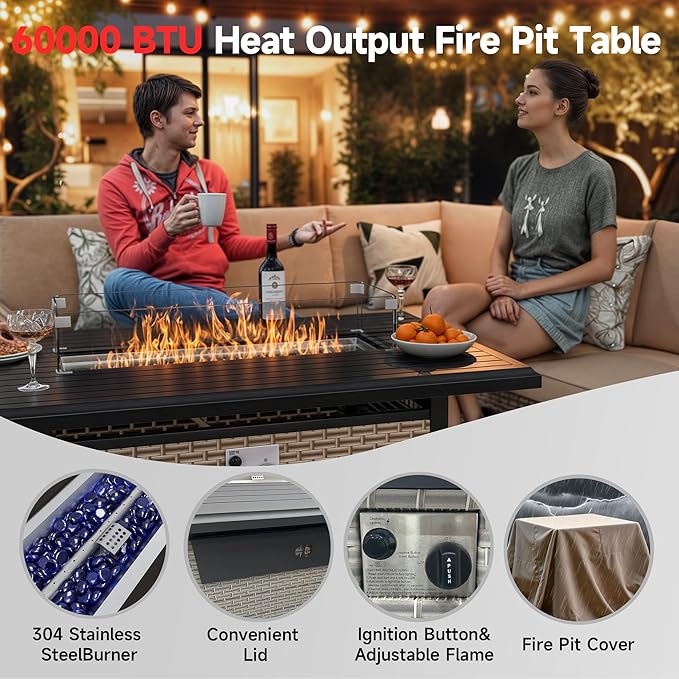 8 Pieces Patio Furniture Set with Fire Pit Table and Ottomans, Modern Outdoor Sectional Sofa with Comfy Cushions, Modular Wicker Rattan Patio Conversation Set, Black