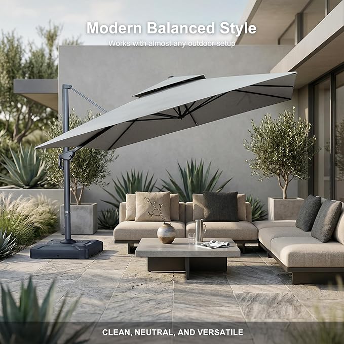 PURPLE LEAF 12 FT Cantilever Umbrella Outdoor Patio Umbrella, Large Offset Square Umbrella, Windproof Heavy Duty Hanging Outside Umbrellas for Patio, Pebble Grey