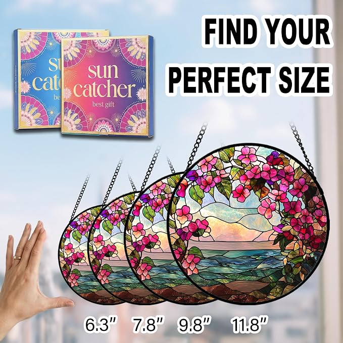 Birthday Gifts for Women - Ocean Flowers Faux Stained Glass Window Hanging Sun Catcher for Door Garden Acrylic Scenery Decor Mother's Day Christmas for Mom Men Nana Grandma Sisters 6.3"