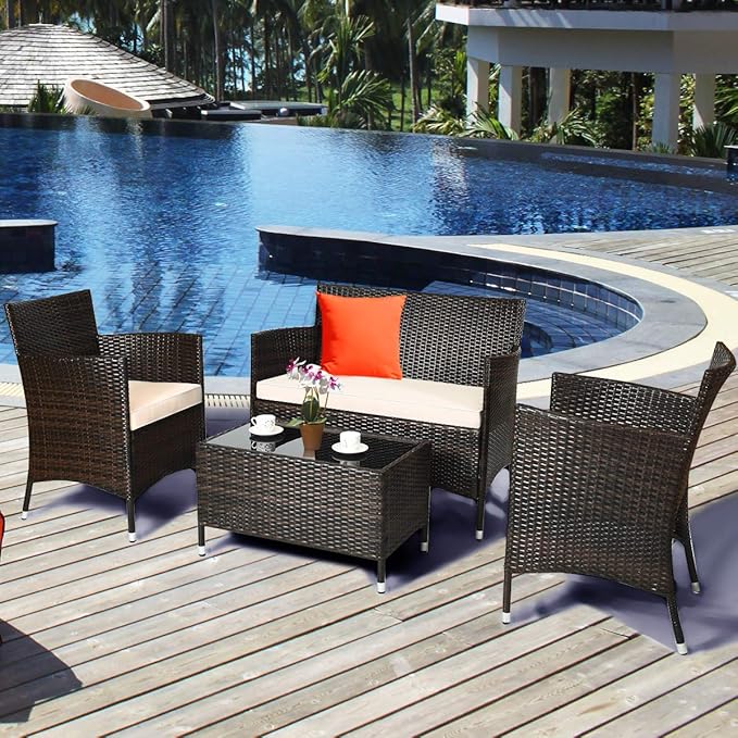 Tangkula 4-Piece Rattan Patio Furniture Set, w/Tempered Glass Coffee Table, Outdoor Sofa Table Set, w/Thick Cushion, Manual Weaving Conversation Set for Garden, Lawn, Poolside (1, Beige & Grey)