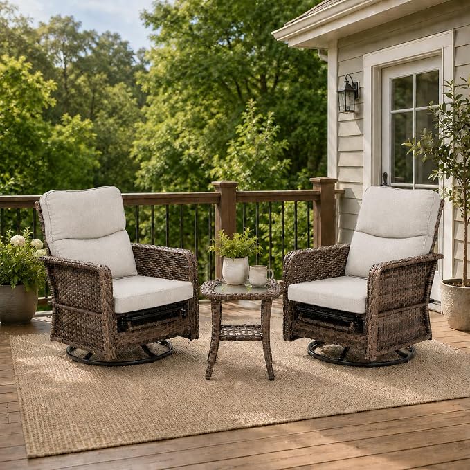 Yechen 3 Piece Outdoor Patio Wicker Chairs with Footrest and Adjustable Backrest, Furniture Set with 2 Swivel Chairs and Side Table, Thickened Seat Cushions for Porch Deck Backyard, Cool Greige