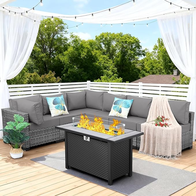 7 Pieces Wicker Patio Furniture Set Rattan Outdoor Sectional Conversation Sofa Set with Fire Pit Table Non-Slip Cushions and Furniture Cover, Light Grey