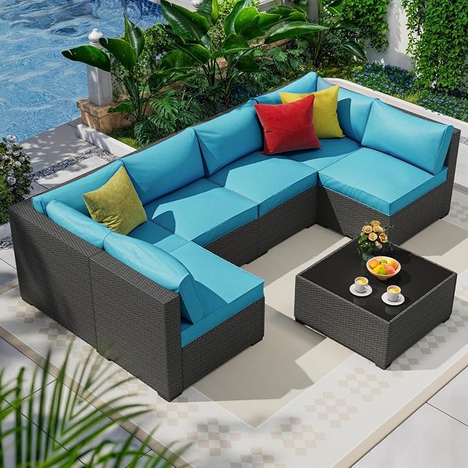 7 Piece Outdoor Patio Furniture Set Modular Rattan Wicker Sectional Sofa Couch with Washable Thick Cushions and Coffee Table Modern Outdoor Conversation Set for Backyard Porch(Blue)
