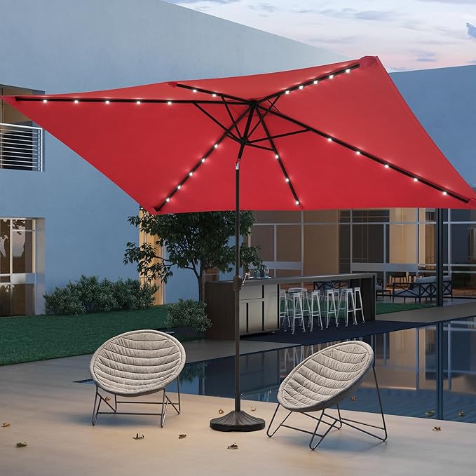 Rectangle Patio Umbrella with Solar Lights, 10 x 6.5ft Rectangular Outdoor Umbrella Table Market Patio Umbrella with Push Button Tilt and Crank for Garden, Deck, Backyard, Pool