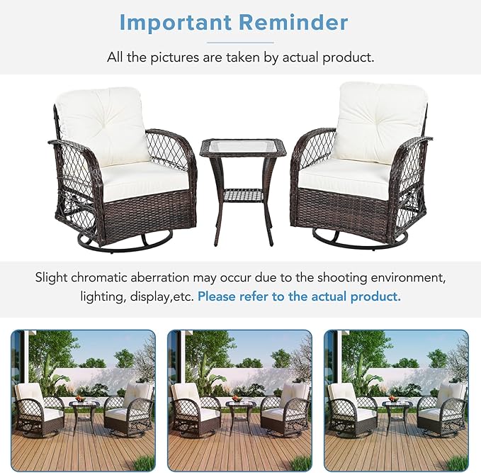 3-Piece Outdoor Chair&Table Set Chat Set, Patio Wicker Chairs Swivel Rocker, Patio Conversation Set with Two Swivel Chairs and a Square Table, 2-Person Rattan Seating Groupfor Deck Backyard, Brown