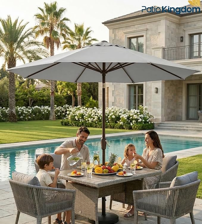PatioKingdom 9FT Patio Outdoor Umbrella-UPF 50+ Sun Shade with Wind Vent, Push-Button Tilt & Smooth Crank Lift, Rust-Resistant Fiberglass Frame for Garden, Backyard,Yard (Light Gray)