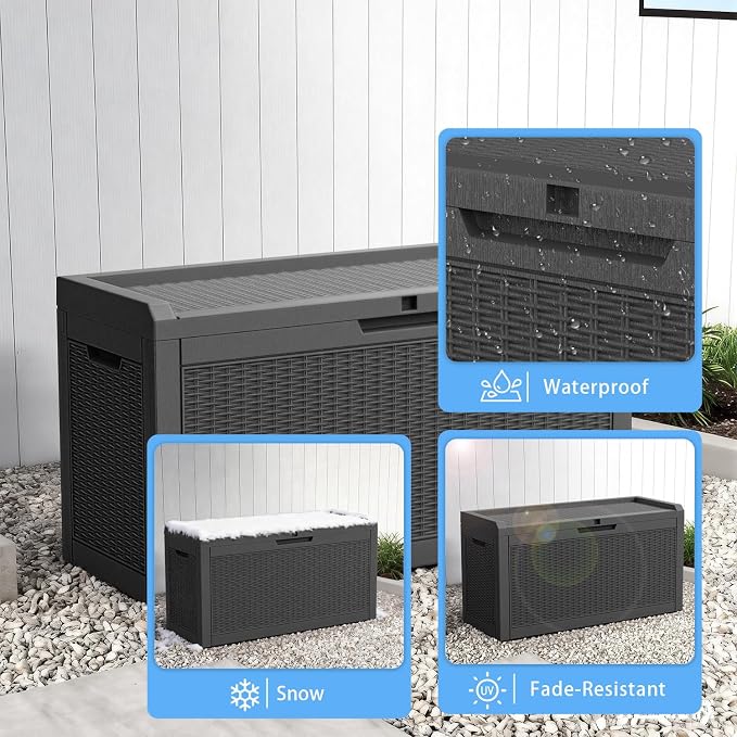 75 Gallon Outdoor Deck Storage Box, All Weather Rattan Textured Lockable Storage Bin for Poolside, Patio, Backyard Large Outdoor Storage (Black, 75GAL)