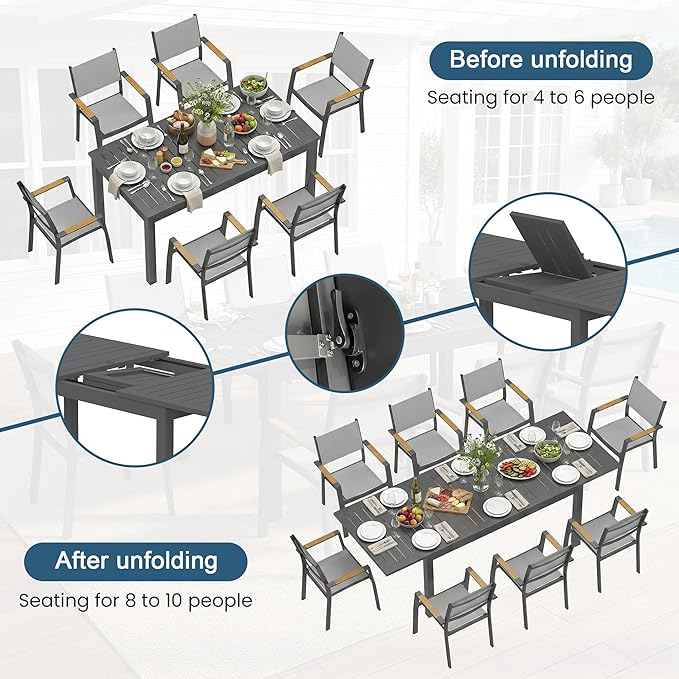 FansaFurn Patio Furniture Set with 92" Extendable Dining Table, Patio Table Set for 4–8 People, All-Weather Aluminum Outdoor Furniture, Outdoor Dining Set for Backyard, Porch, and Garde, Grey