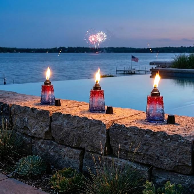 Seraphic Citronella Table Top Torches for Outdoor Patio, 16oz Decorative Glass Torch Citronella Candles for Outside Deck, Garden, Parties, Set of 3, Red/White/Blue