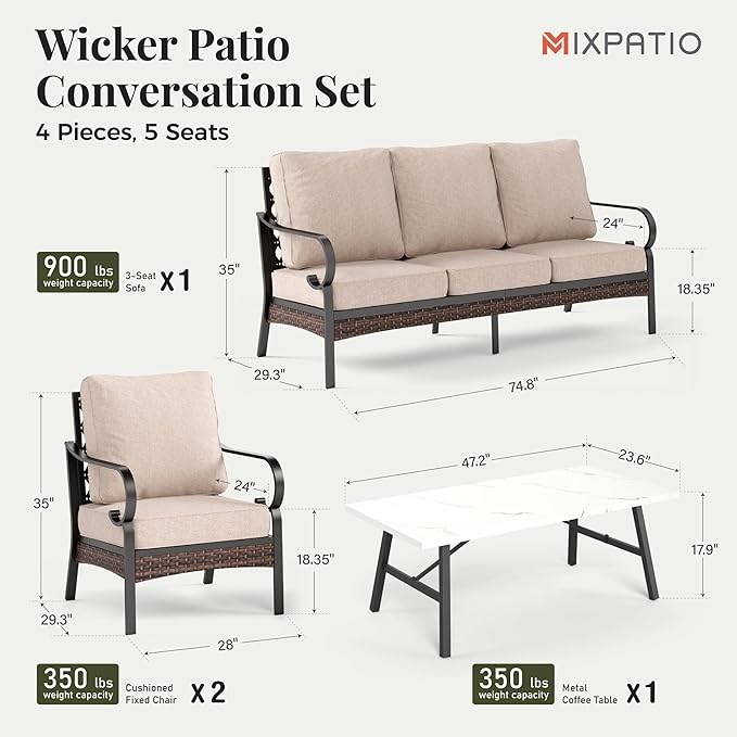 Patio Furniture Set with Coffee Table, Outdoor Conversation Set with 2 x Fixed Chairs, 1 x 3-Seat Sofa for Lawn Garden Backyard, Beige