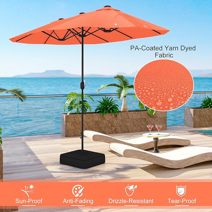 Giantex Patio Umbrella with Base, Double-Sided Outdoor Umbrella with Crank Handle, Umbrella Base Stand with 2 Sandbags, 12 Metal Ribs, Market Umbrellas for Garden Poolside Deck