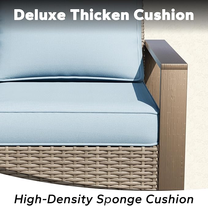 Wicker Patio 75" Sofa Set with 2 Swivel Chairs, All Weather Rattan Outdoor Conversation Furniture Set with Wood-Looking Metal Armrest & Removable Cushions for Backyard Porch, Baby Blue