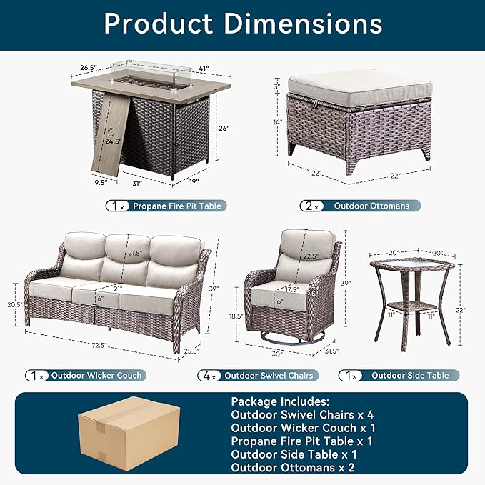 Patio Furniture Set with Fire Pit Table-10 Pieces All Weather Outdoor Swivel Rocker Chairs with Sofa and Ottomans. Outdoors Patio Conversation Sets for Porch Deck Garden Backyard(Brown/Beige)