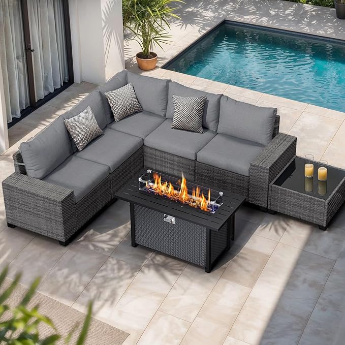 JOIVI 7-Piece Outdoor Set with Fire Pit Table - Versatile Wicker Sofa Set Arrangement with Blue Glass Beads & Safety Features, 2 Color Cushion Covers Available, Ideal for Outdoor Entertainment