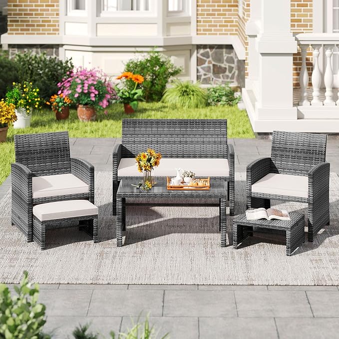 Tangkula 6 Pieces Patio Furniture Set, Outdoor Rattan Conversation Chairs Set with 1 Loveseat, 1 Coffee Table, 2 Armchairs and 2 Ottomans for Garden, Deck, Backyard and Poolside (Off White)