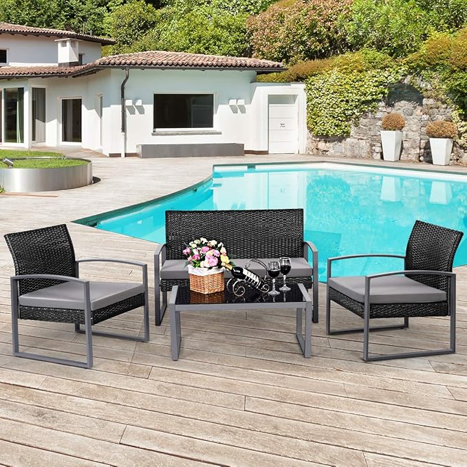 Tangkula 4 PCS Outdoor Patio Furniture Rattan Wicker Conversation Set, As pic