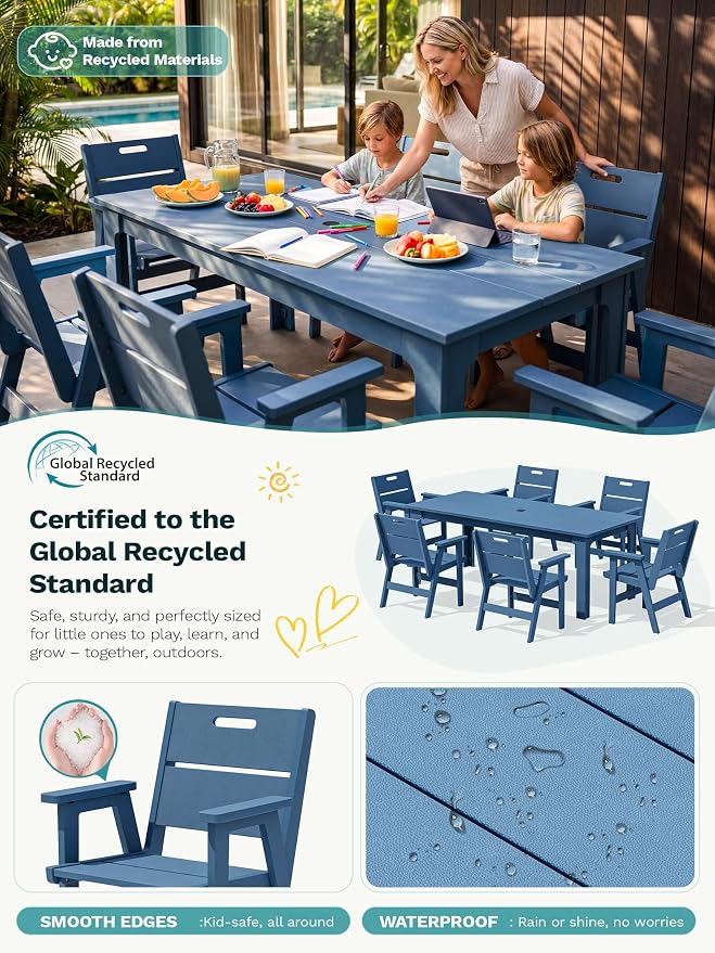 SERWALL 76" HDPE Outdoor Dining Set, 10 Pieces Patio Furniture with Rectangular Table, 8 Chairs & 1 Umbrella (Base Not Included), All-Weather Outdoor Dining Set for Backyard Deck Balcony, Blue