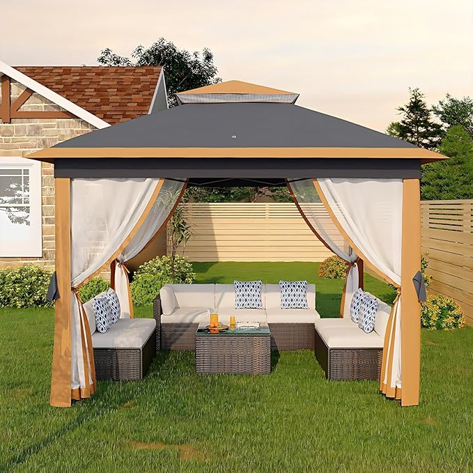 Garvee 11x11FT Pop Up Gazebo with Mosquito Netting, Outdoor Canopy Tent Easy Setup for Backyard Patio Garden Deck, Khaki