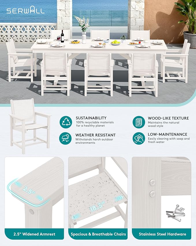SERWALL 9 Piece Outdoor Dining Set, 84" HDPE Outdoor Large Table and Textilene Sling Chairs for 8，All Weather Patio Dining Furniture Set with Umbrella Hole for Backyard, Garden, White