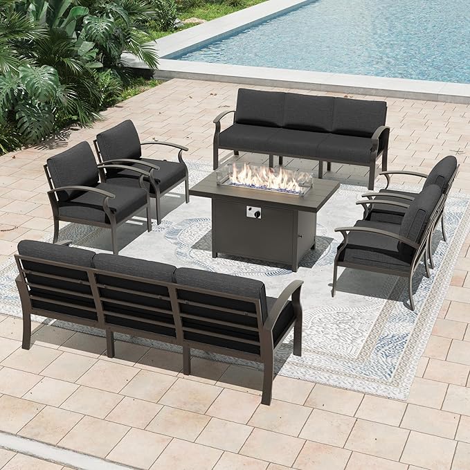 Metal Outdoor Patio Furniture Set for 10,Aluminum Patio Sectional Set w/Propane Fire Pit Table,Outside Furniture w/Removable Sponge Cushion for Porch, Balcony, Yard,Black