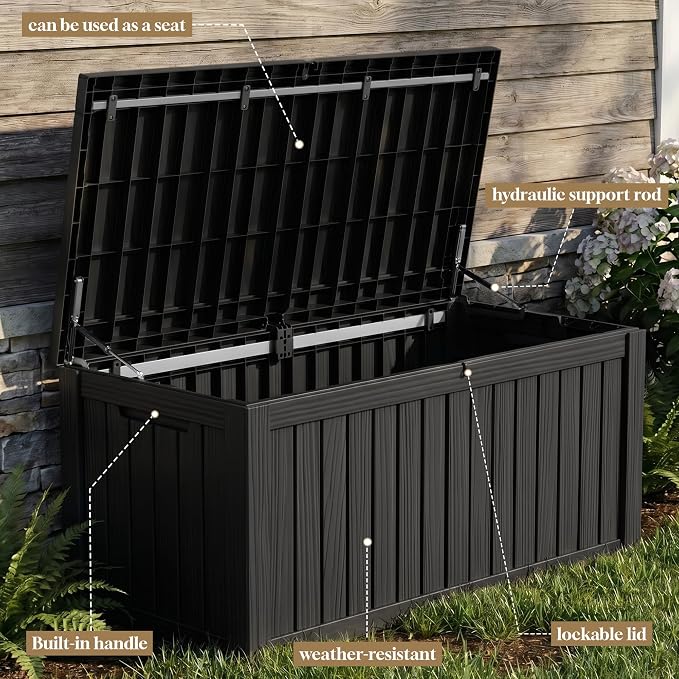 ROJIK 150 Gallon Outdoor Storage Box Waterproof,Weatherproof Deck Boxes Outdoor Lockable,Resin Outside Storage Box for Garden Tools,Cushions,Pool Accessories(Black,150 Gal)